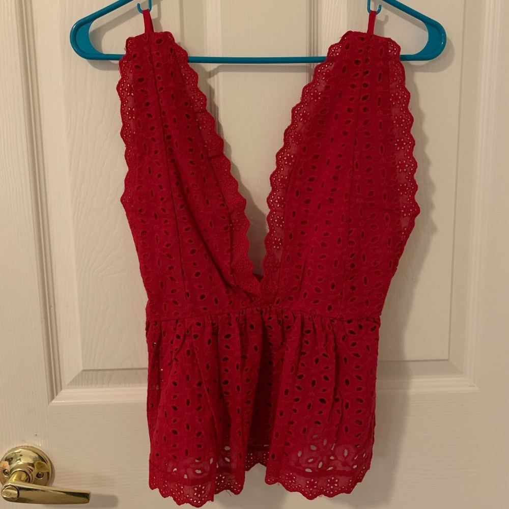 SHEIN red open-back lace top